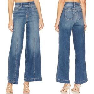 Spanx Seamed Front Wide Leg Pull-On Jeans Small Petite Indigo Blue Stretch
